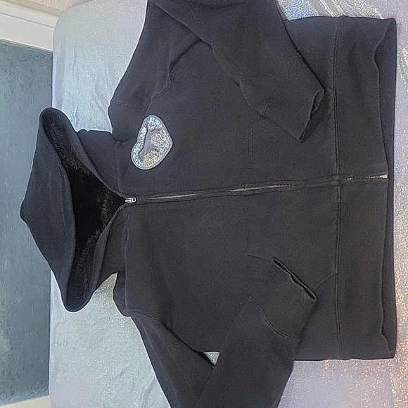 Y2K Vintage VS Pink Black Fur Lined Silver Sequin Mega Bling Hoodie Jacket SZ:L - Picture 11 of 12